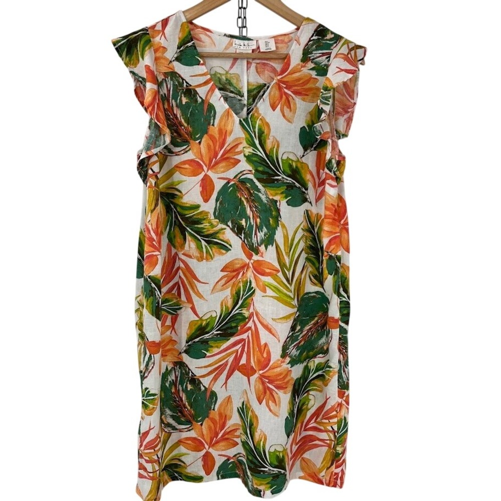 Nicole Miller New York Womens 100% Linen Tropical Floral Ruffle Shift Dress S